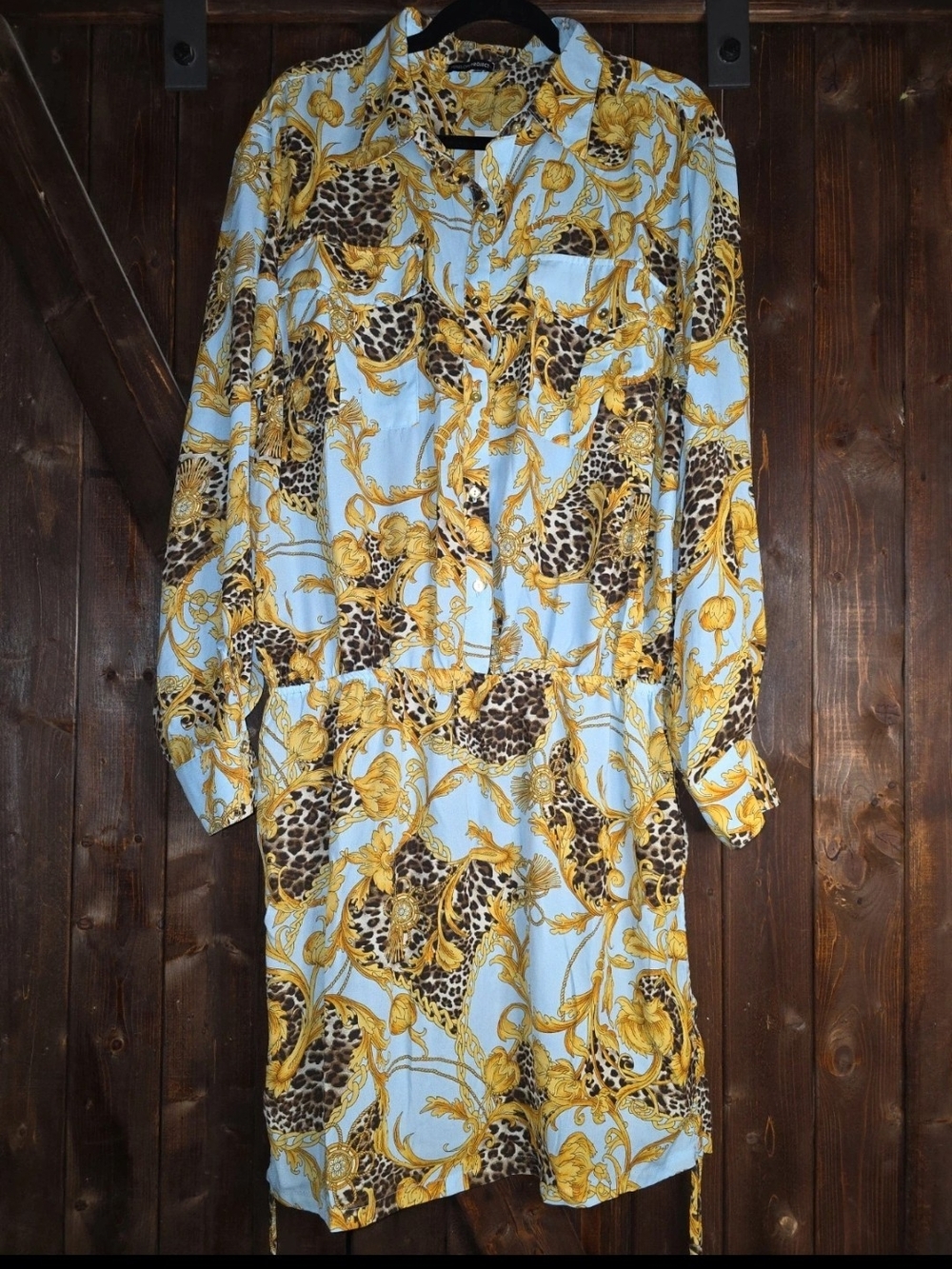 Light Blue and Gold Baroque-Print Long Sleeve Shirt Dress